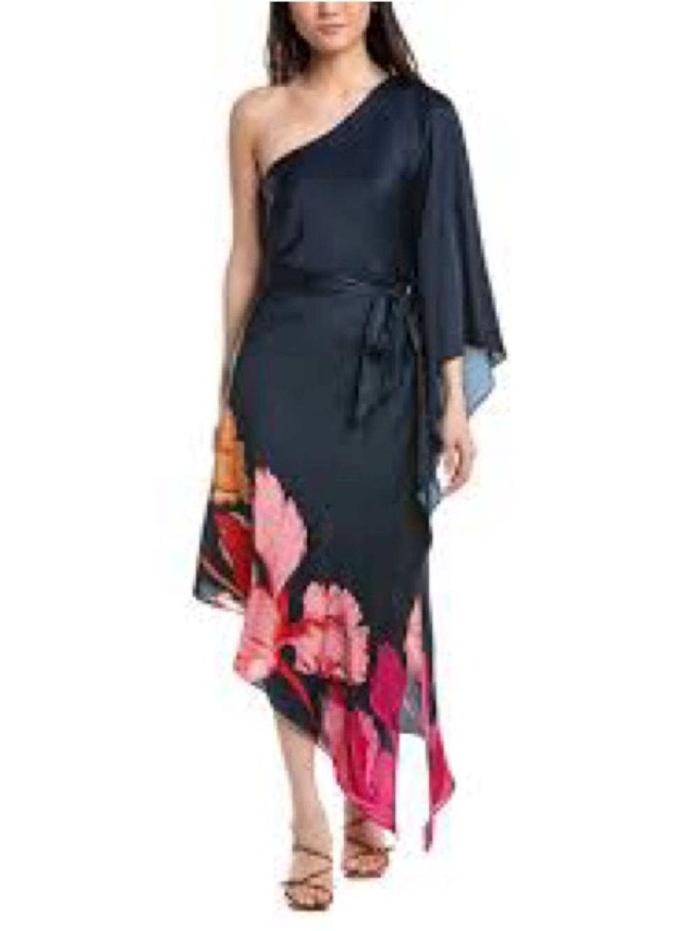 Hutch Navy One-Shoulder Dress with Pink and Coral Floral Print